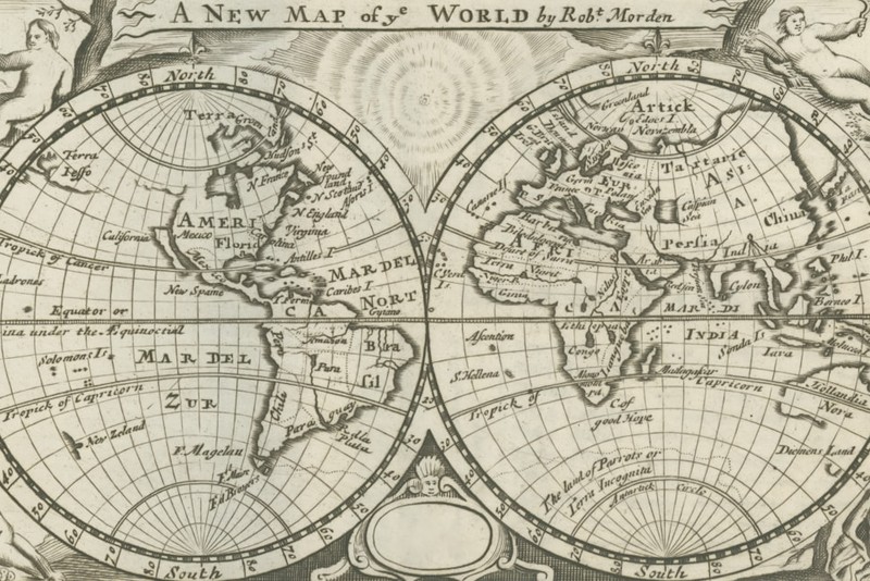A historical double-hemisphere world map from 1708 with decorative cartouches and cherubic figures, showing the Americas and Old World in separate hemispheres