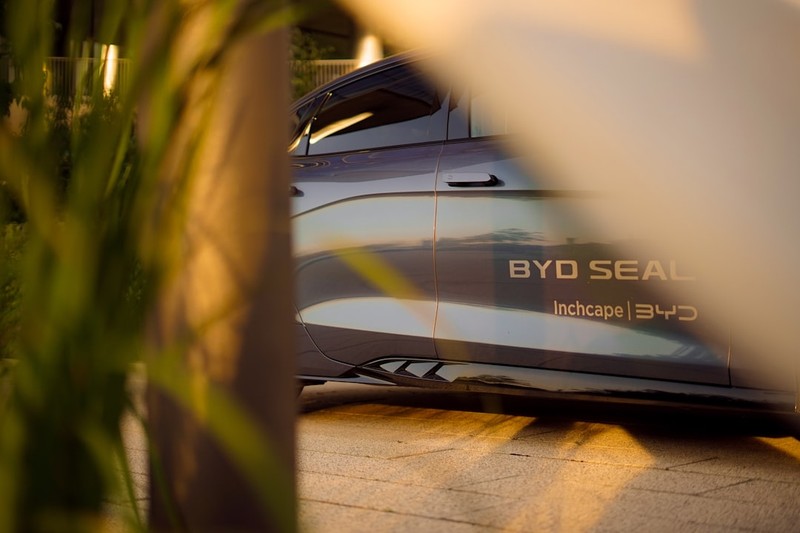 A BYD Seal electric sedan parked outdoors with visible BYD branding on the side