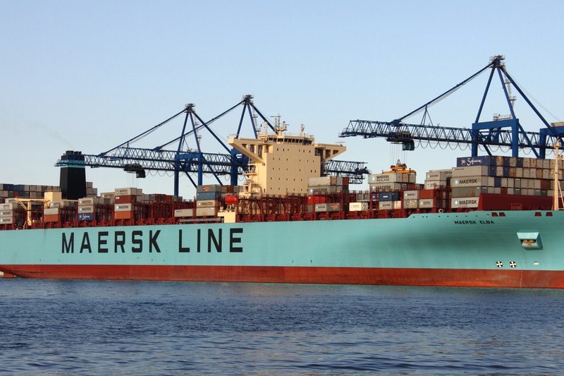 The MS Maersk Elba container ship docked at Gdańsk Deepwater Container Terminal, loaded with shipping containers