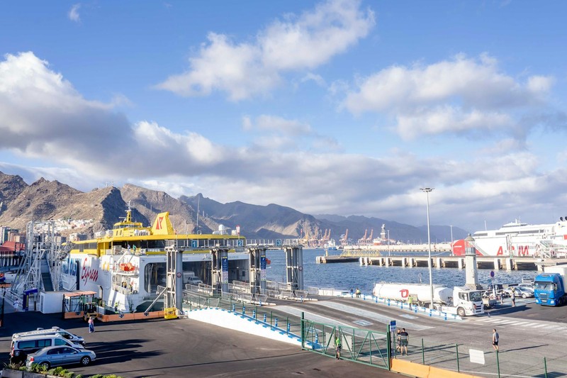 Santa Cruz de Tenerife harbor with passenger vessels docked at port, mountains rising in the background