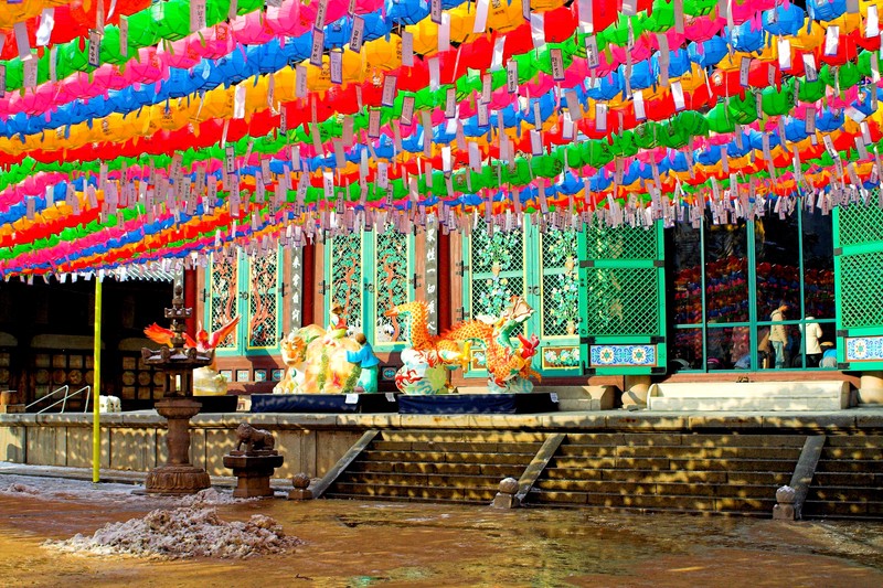Jogyesa Buddhist temple in Seoul, South Korea, decorated with colorful paper lanterns during a festival
