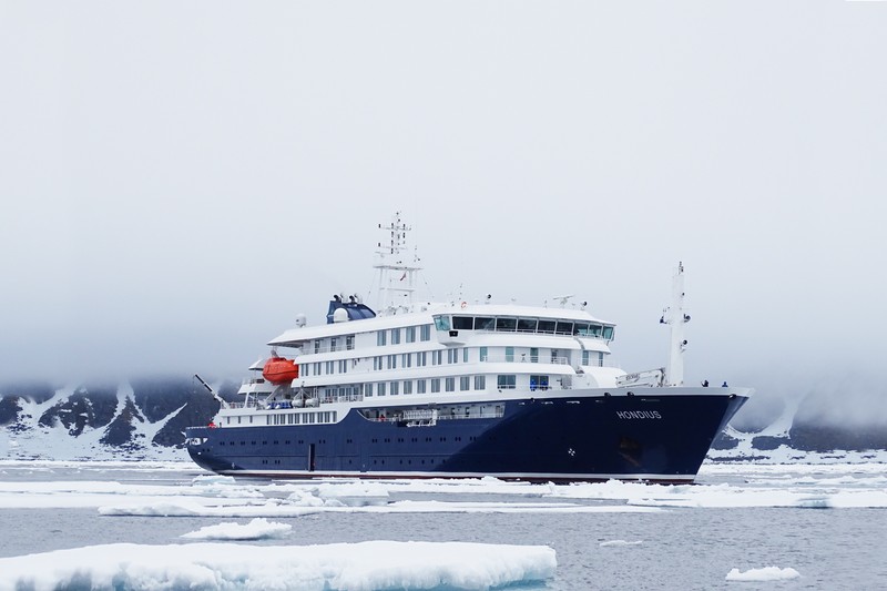 The MV Hondius expedition cruise ship navigating through icy polar waters