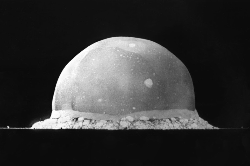 Black-and-white photograph of the Trinity test nuclear fireball, 0.016 seconds after detonation on July 16, 1945