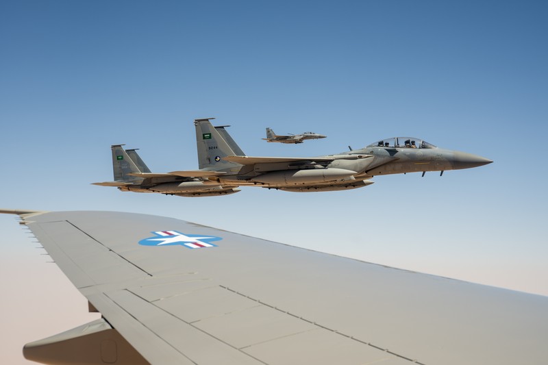 Royal Saudi Air Force F-15SA fighter jets flying in formation over Saudi Arabia