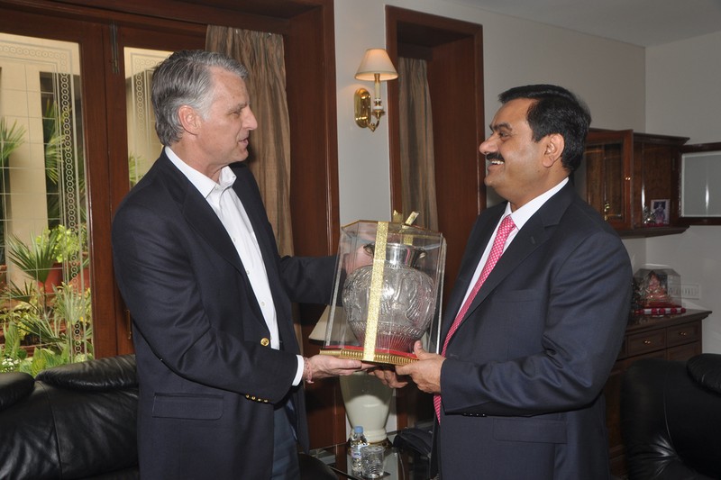 Gautam Adani greeting Ambassador Timothy Roemer at Adani House in Ahmedabad, Gujarat