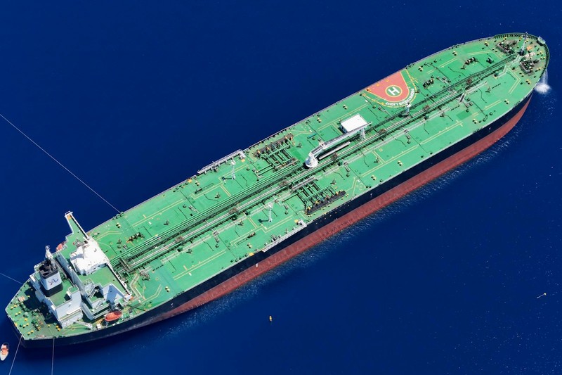 Aerial view of a large oil tanker navigating the open ocean